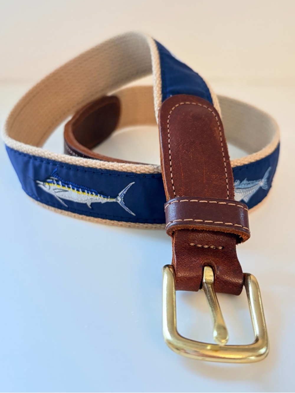 Preston New England Blue Canvas Leather Belt Fish Pattern Boys SZ 30